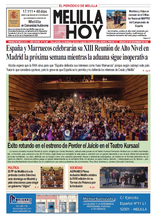 Portada del periódico Melilla Hoy del 29 de noviembre de 2025