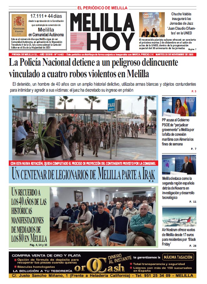 Portada del periódico Melilla Hoy del 25 de noviembre de 2025
