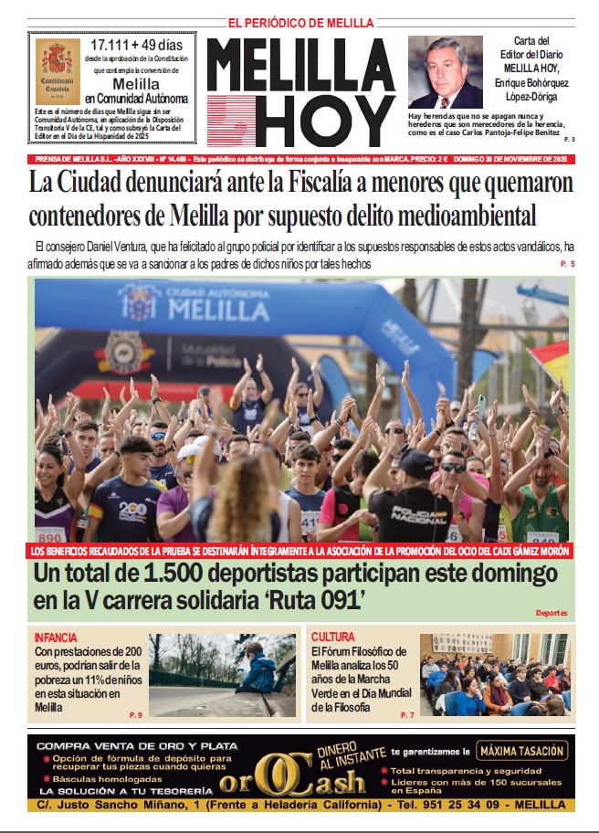 Portada del periódico Melilla Hoy con noticias del 30 de noviembre de 2025