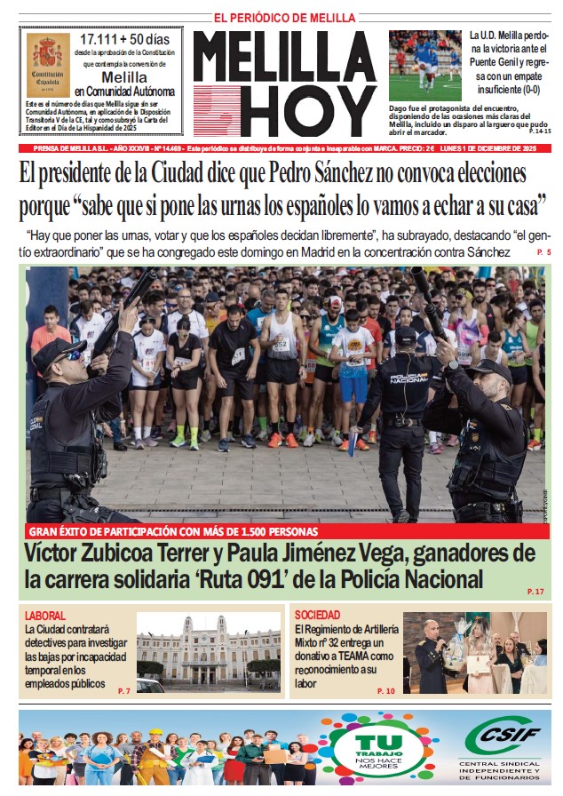 Portada del periódico Melilla Hoy del 1 de diciembre de 2025