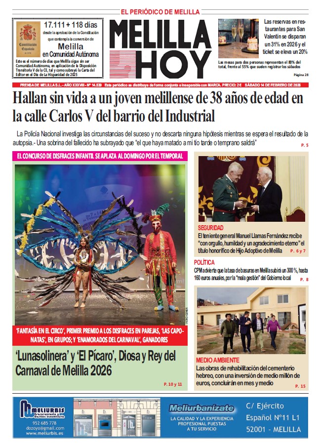 Portada del periódico Melilla Hoy del 14 de febrero de 2026