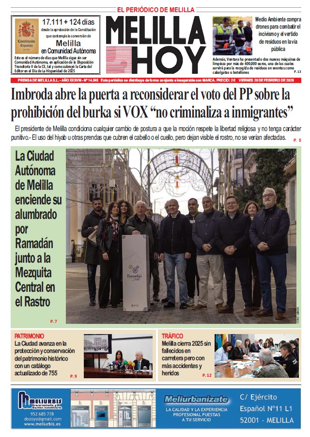 Portada del periódico Melilla Hoy del 20 de febrero de 2026