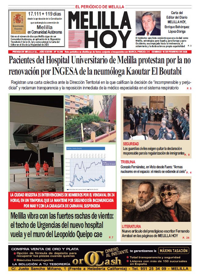 Portada del periódico Melilla Hoy del 15 de febrero de 2026