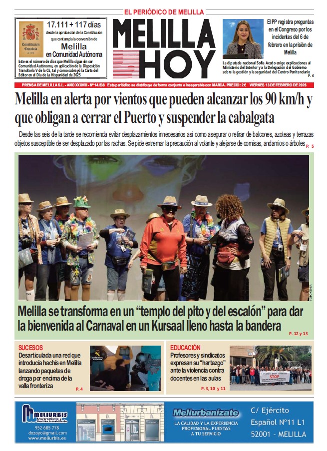 Portada del periódico Melilla Hoy del 13 de febrero de 2026