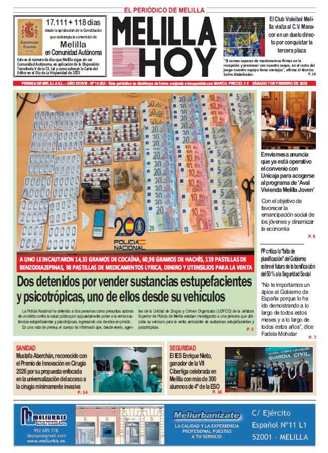 Portada del periódico Melilla Hoy con noticias sobre detenciones y economía.