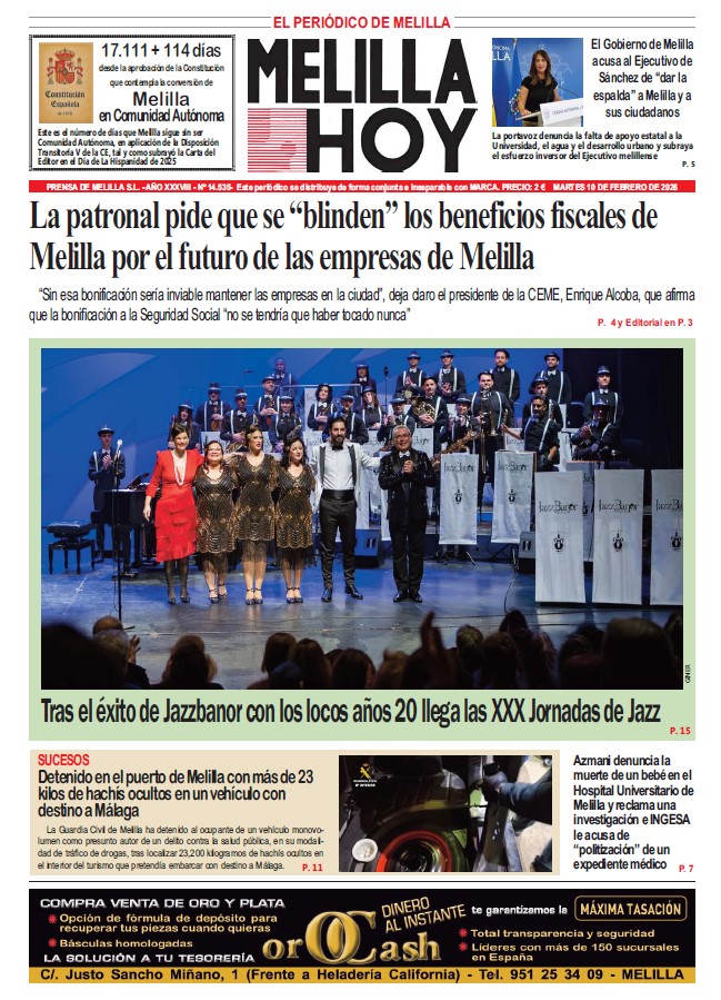 Portada del periódico Melilla Hoy con noticias y eventos locales.