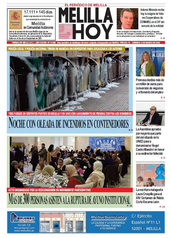 Portada del periódico Melilla Hoy del 13 de marzo de 2026