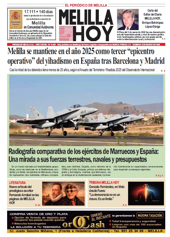 Portada del periódico Melilla Hoy del 8 de marzo de 2026