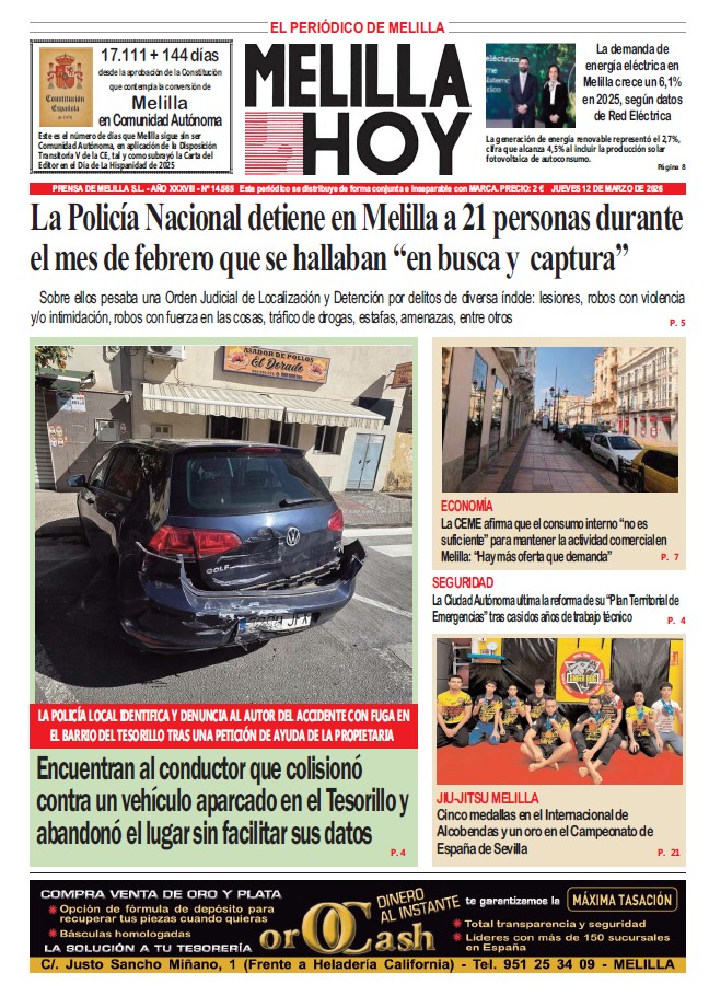 Portada del periódico Melilla Hoy sobre detenciones policiales en Melilla
