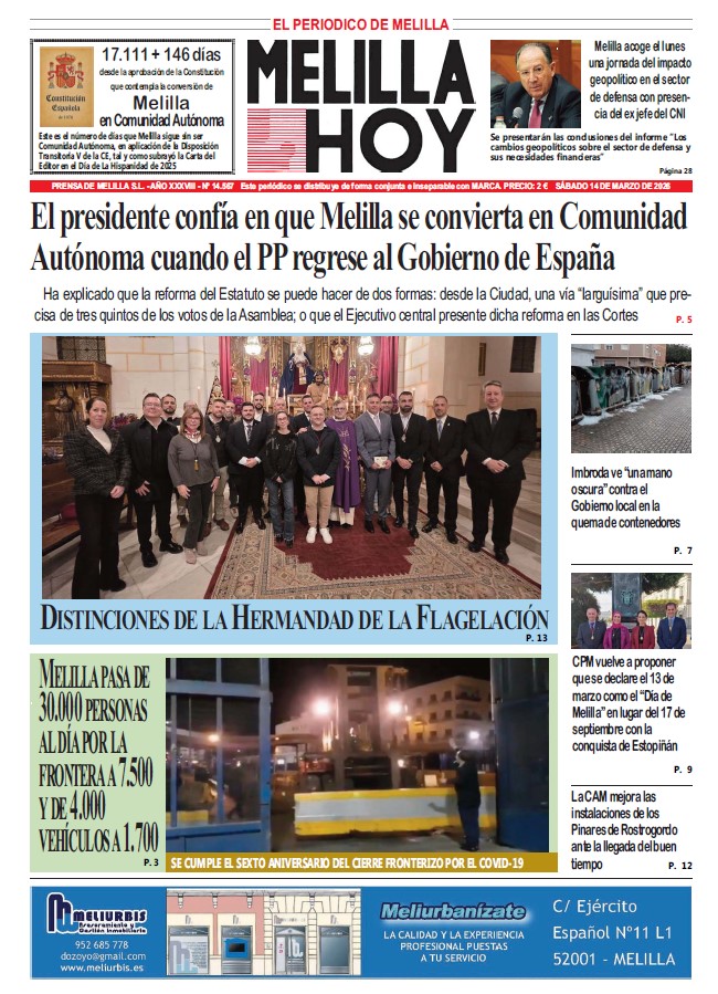 Portada del periódico Melilla Hoy del 14 de marzo de 2026