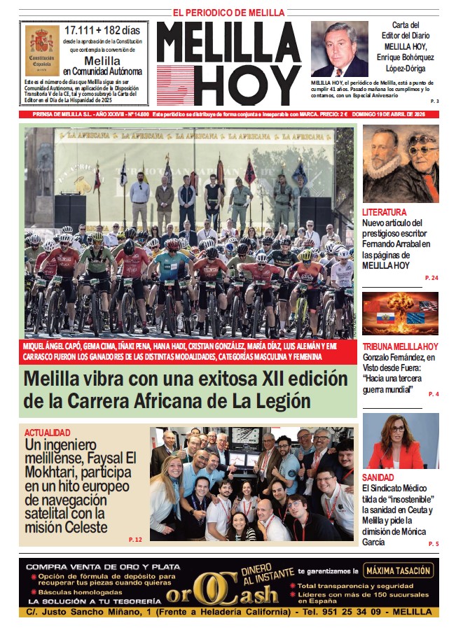 Portada del periódico Melilla Hoy del domingo 19 de abril de 2026.
