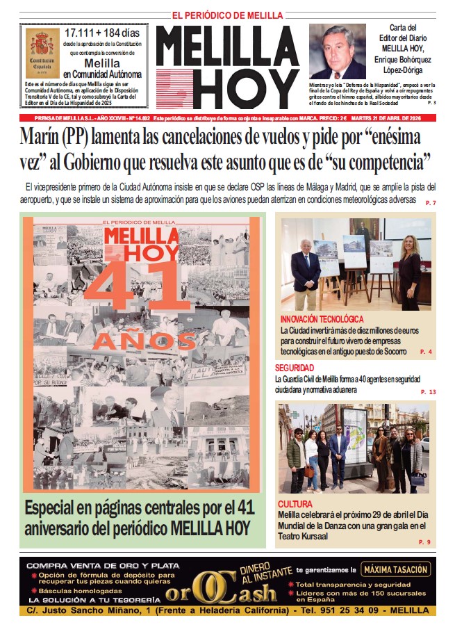 Portada del periódico Melilla Hoy con el 41 aniversario destacado