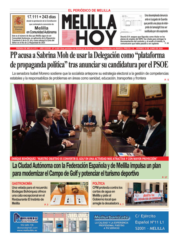 Portada del periódico Melilla Hoy del 19 de junio de 2026
