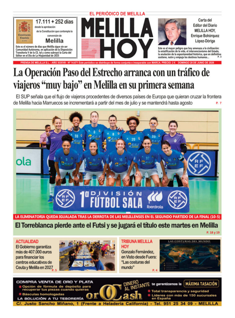 Portada del periódico Melilla Hoy del 28 de junio de 2026