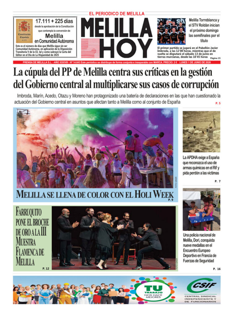 Portada del periódico Melilla Hoy del 1 de junio de 2026