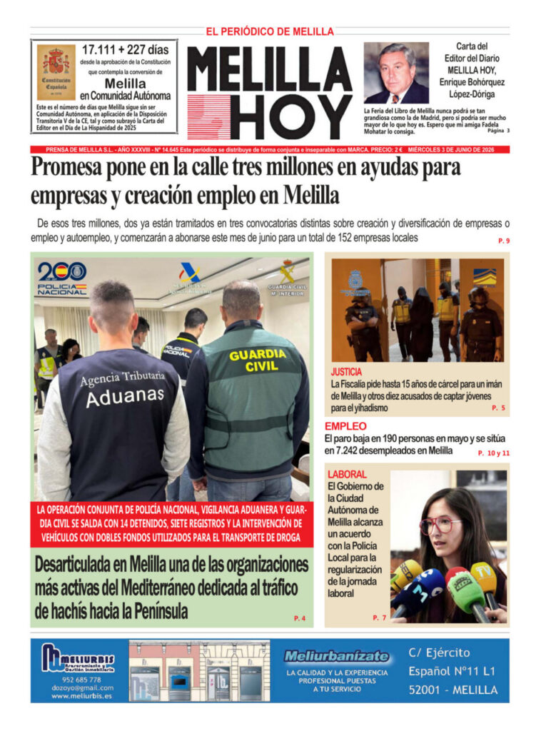 Portada del periódico Melilla Hoy del 3 de junio de 2026