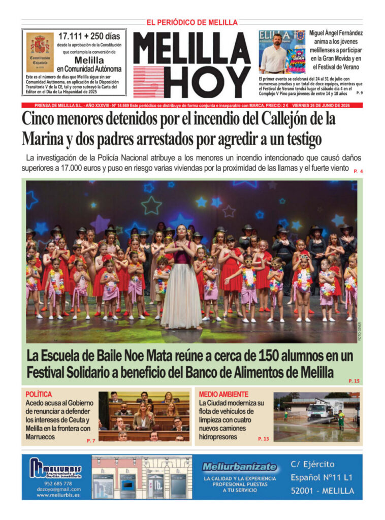 Portada del periódico Melilla Hoy sobre un festival solidario con alumnos de baile