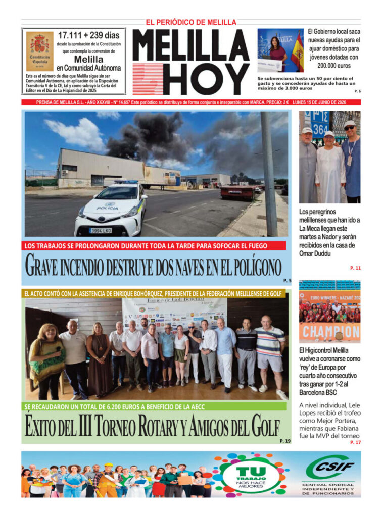 Portada del periódico Melilla Hoy con un incendio en el fondo