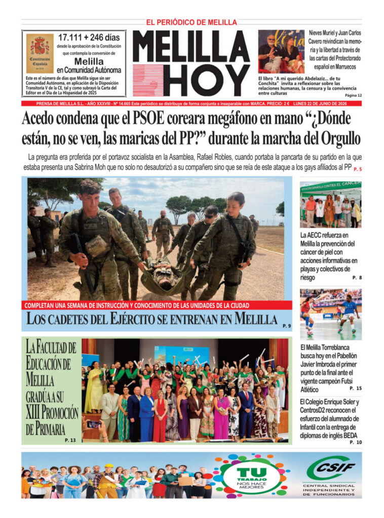Portada del periódico Melilla Hoy del 22 de junio de 2026
