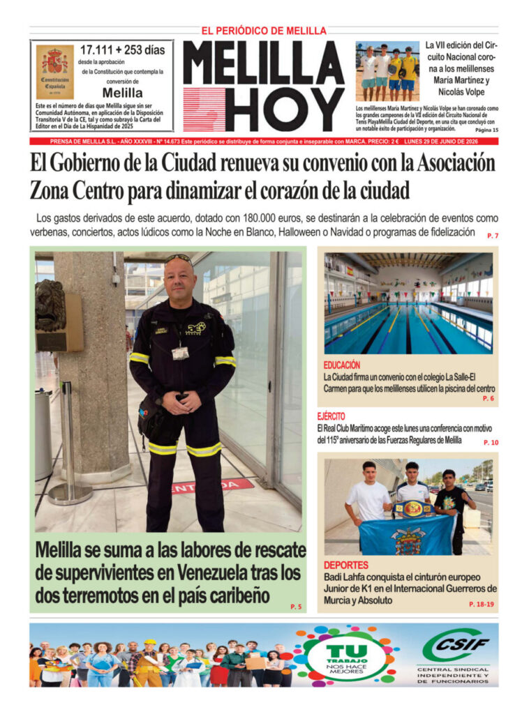 Portada del periódico Melilla Hoy sobre renovación de convenio con Zona Centro