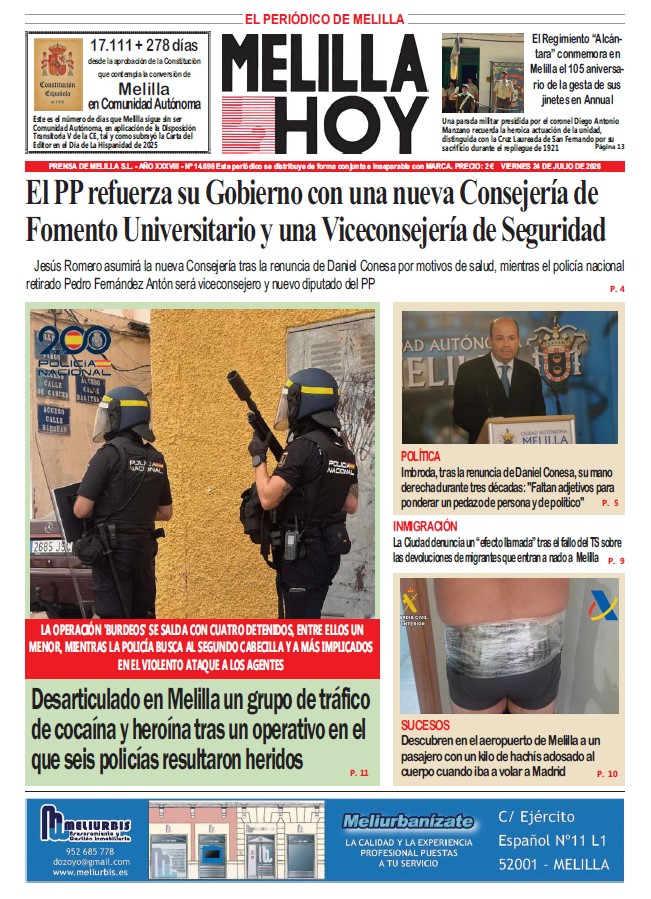 Portada del periódico Melilla Hoy del 25 de julio de 2026