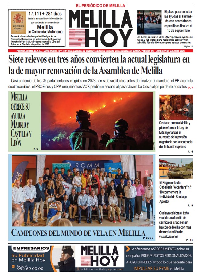 Portada del periódico Melilla Hoy del 27 de julio de 2026