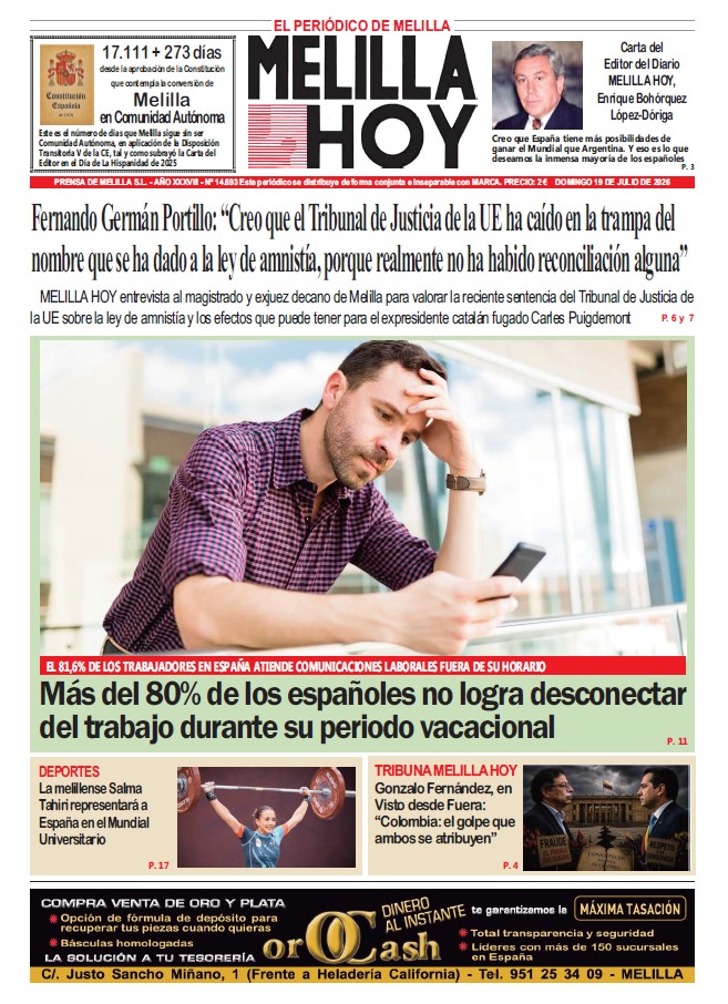 Portada del periódico Melilla Hoy del 19 de julio de 2026