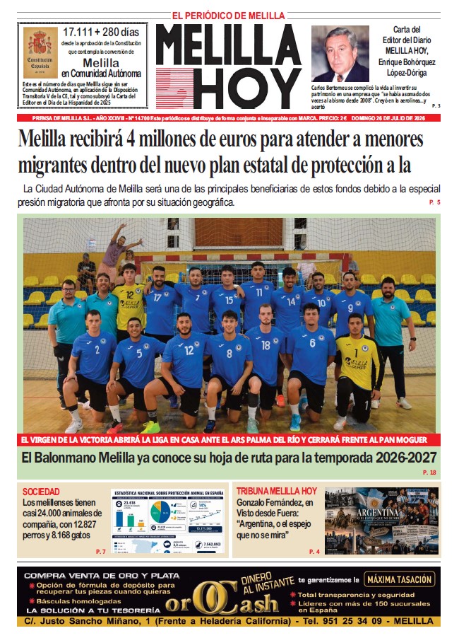 Portada del periódico Melilla Hoy del 26 de julio de 2026