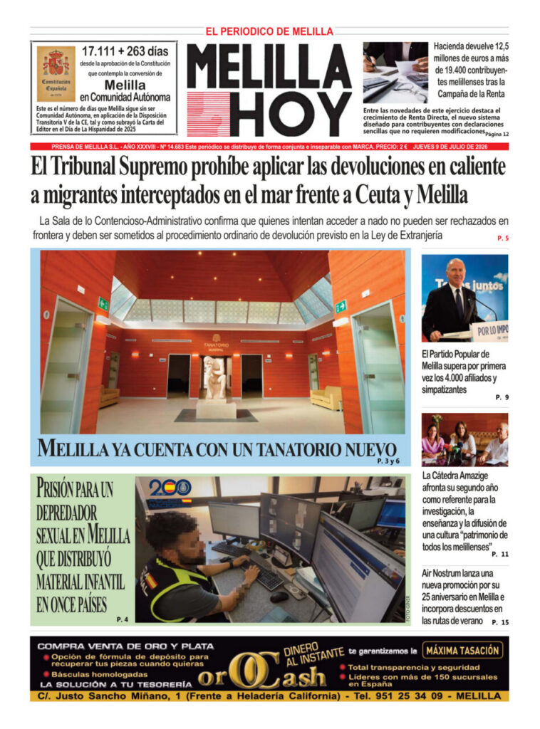 Portada del periódico Melilla Hoy del 9 de julio de 2026