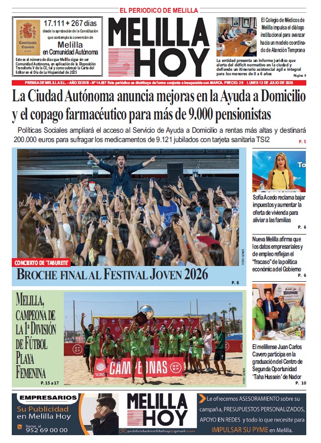 Portada del periódico Melilla Hoy del 13 de julio de 2026