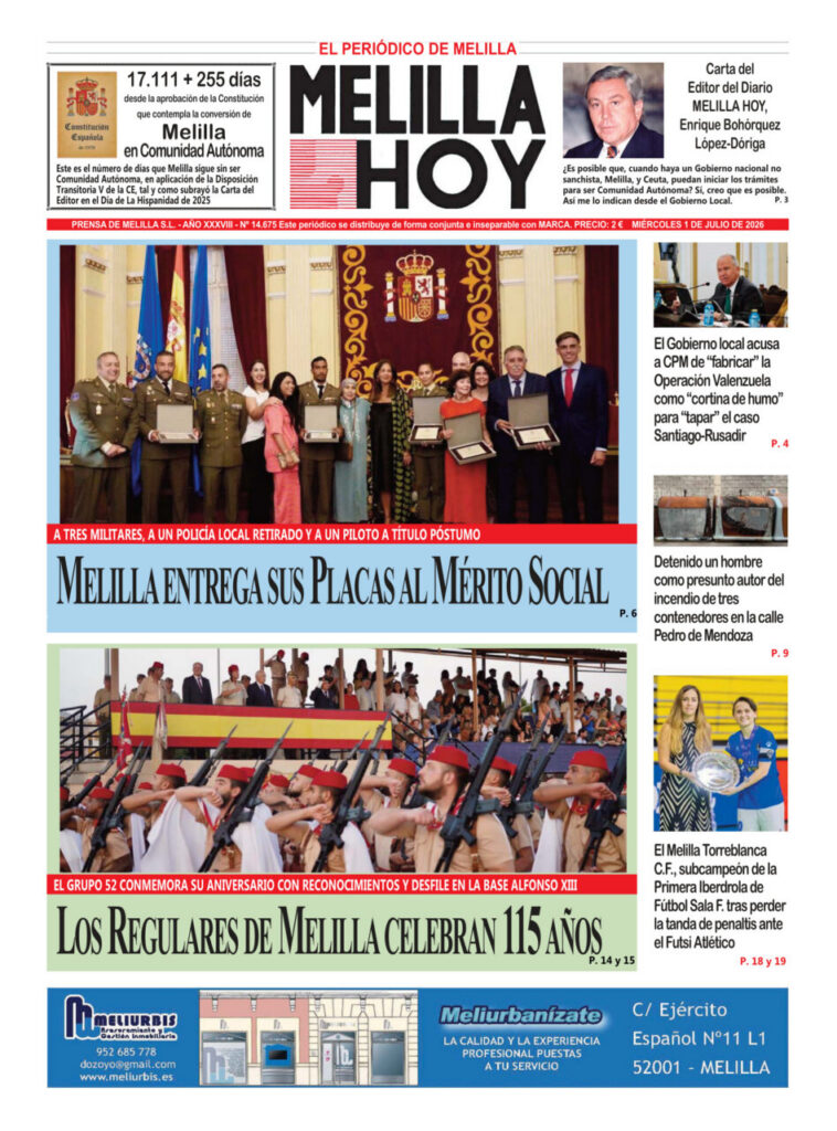 Portada del periódico Melilla Hoy del 1 de julio de 2026
