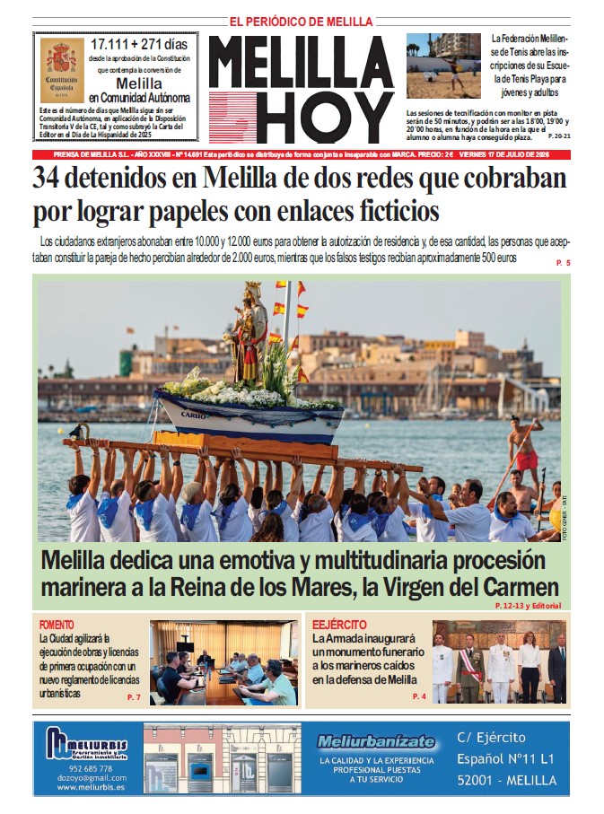 Portada del periódico Melilla Hoy con la procesión de la Virgen del Carmen