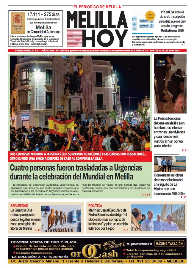 Portada del periódico Melilla Hoy del 21 de julio de 2026