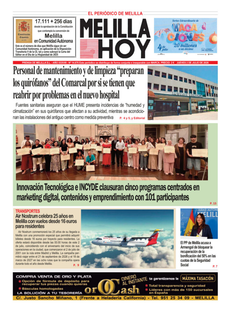 Portada del periódico Melilla Hoy del 2 de julio de 2026.