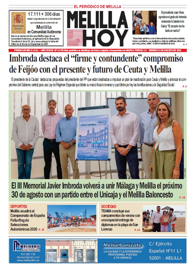 Portada del periódico Melilla Hoy del 21 de agosto de 2026