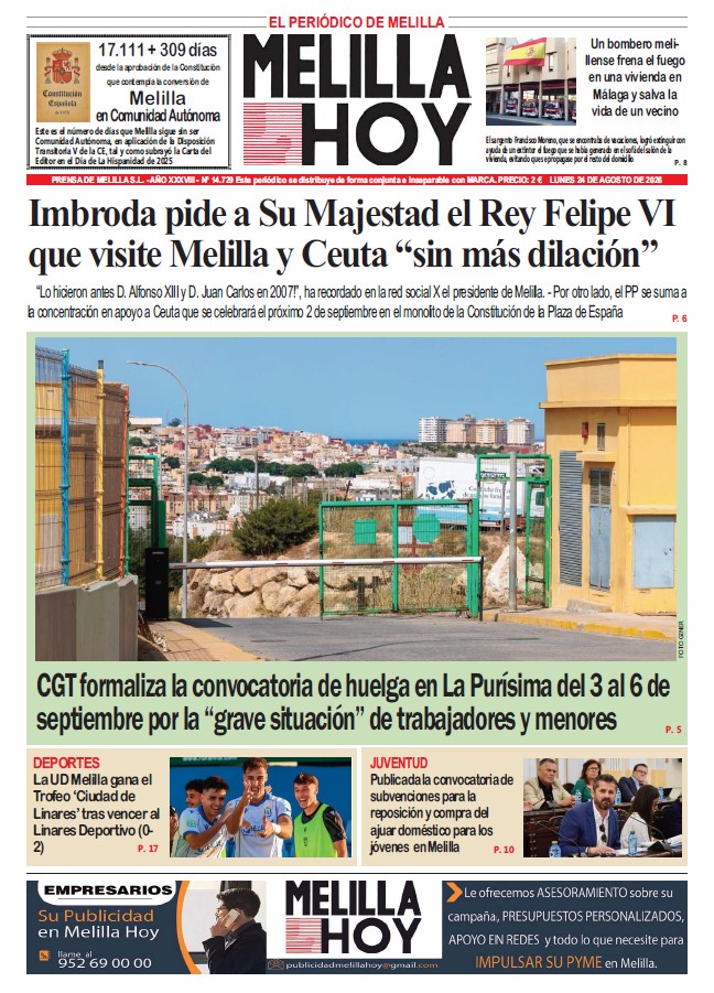 Portada del periódico Melilla Hoy del 24 de agosto de 2026