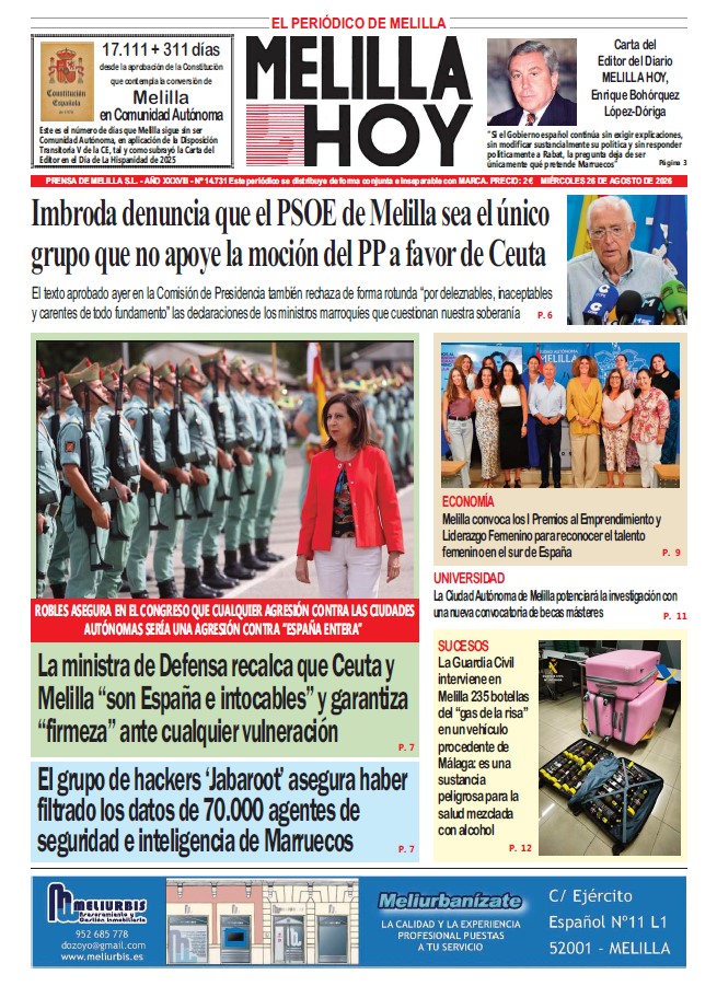 Portada del periódico Melilla Hoy del 26 de agosto de 2026